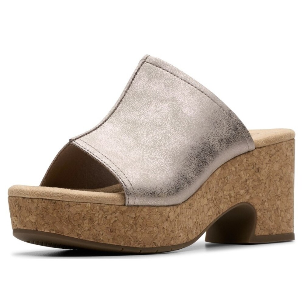 Clarks Womens Nerisa Vine Taupe Metallic Gold Mule Slipper With Cork Heel 9 Read